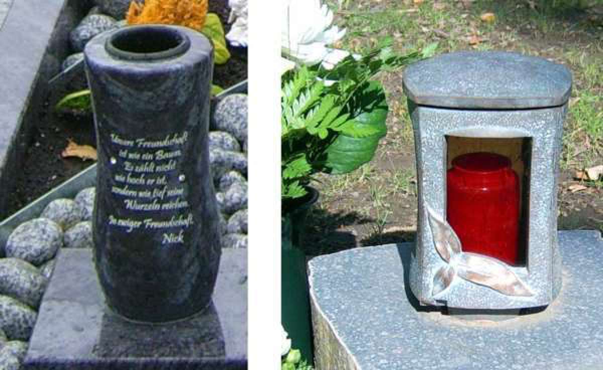 Vase aus Naturstein und Laterne aus Bronze