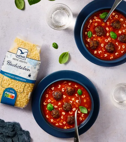 Tomato soup with letter pasta