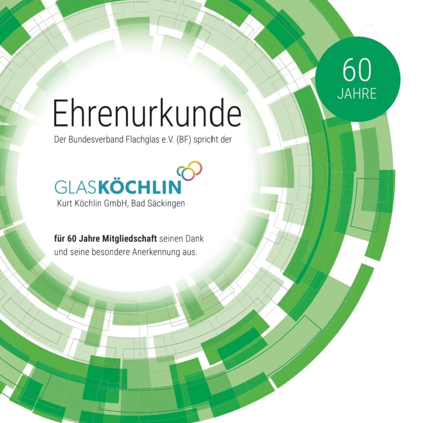 Ehrenurkunde – 60 Jahre Mitgliedschaft Bundesverband Flachglas
