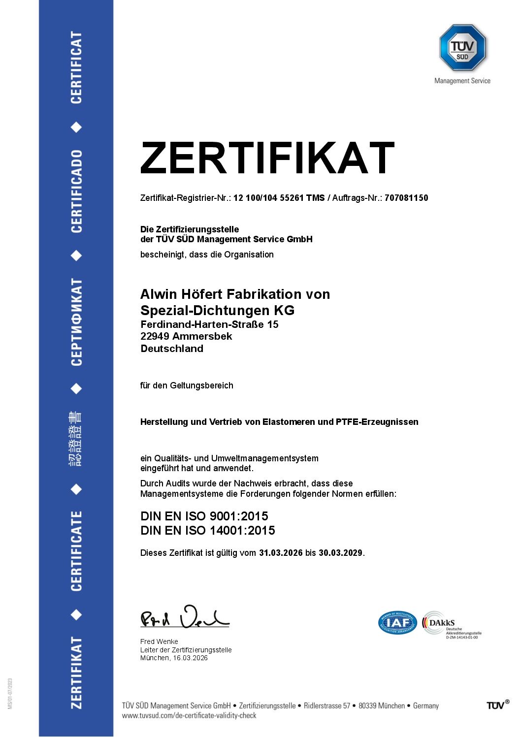 TÜV SÜD Zertifikat ISO 9001:2015 / ISO 14001:2015