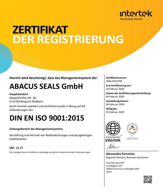 ISO 9001:2015-Zertifikat der ABACUS SEALS GmbH, ausgestellt von Intertek