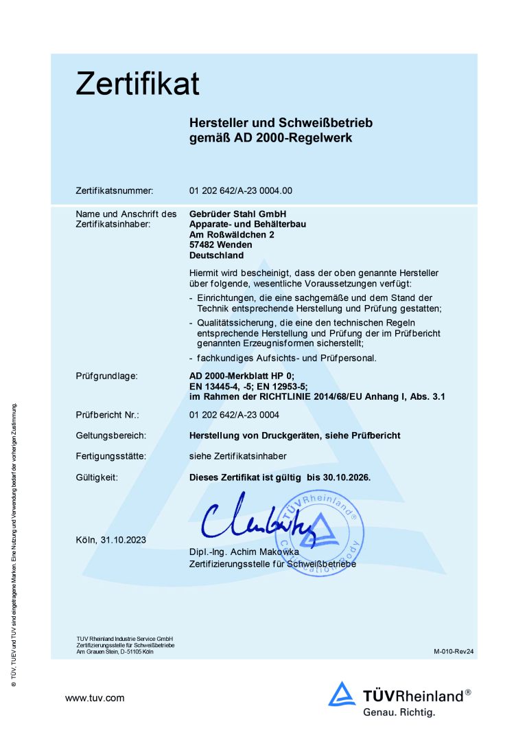 Zertifikat AD 2000 Merkblatt HP0