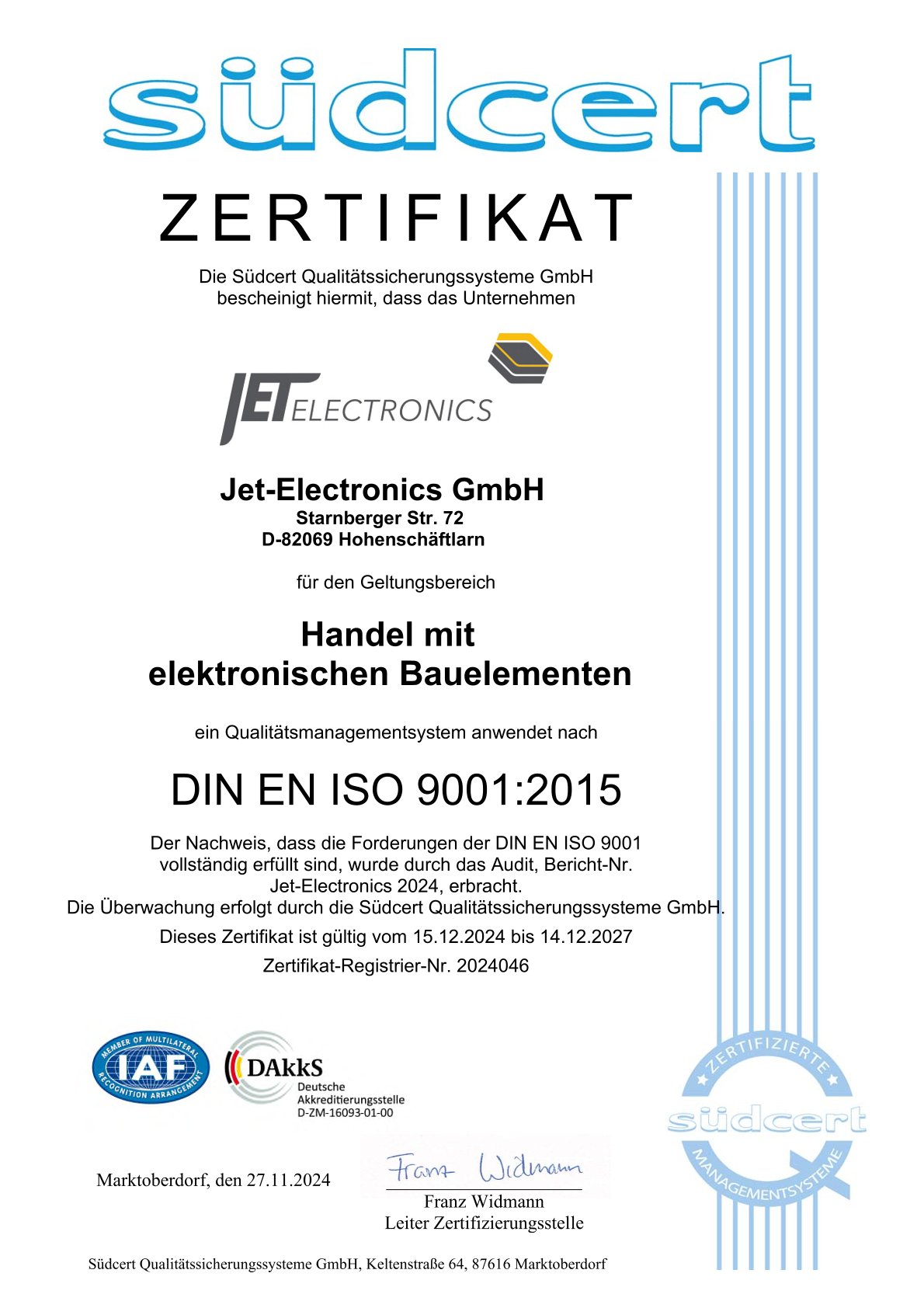 ISO 9001:2015-Zertifikat (Südcert, gültig bis 14.12.2027)