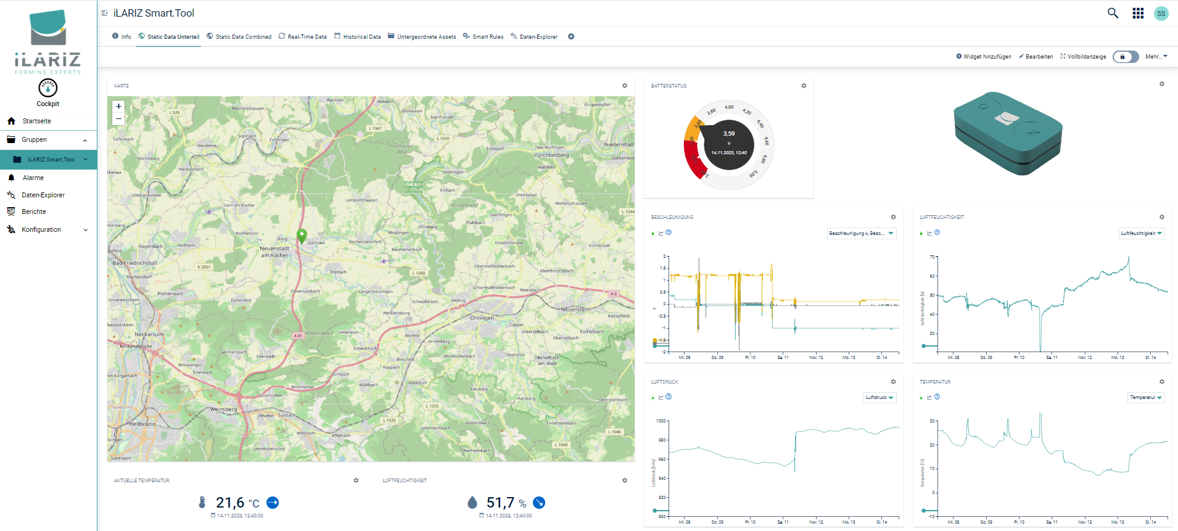 Smart.Tool-Oberfläche mit Werkzeugkarte, Device-Status und Sensordaten