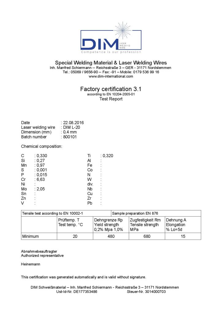 Factory certification DIM L-20 (englisch)
