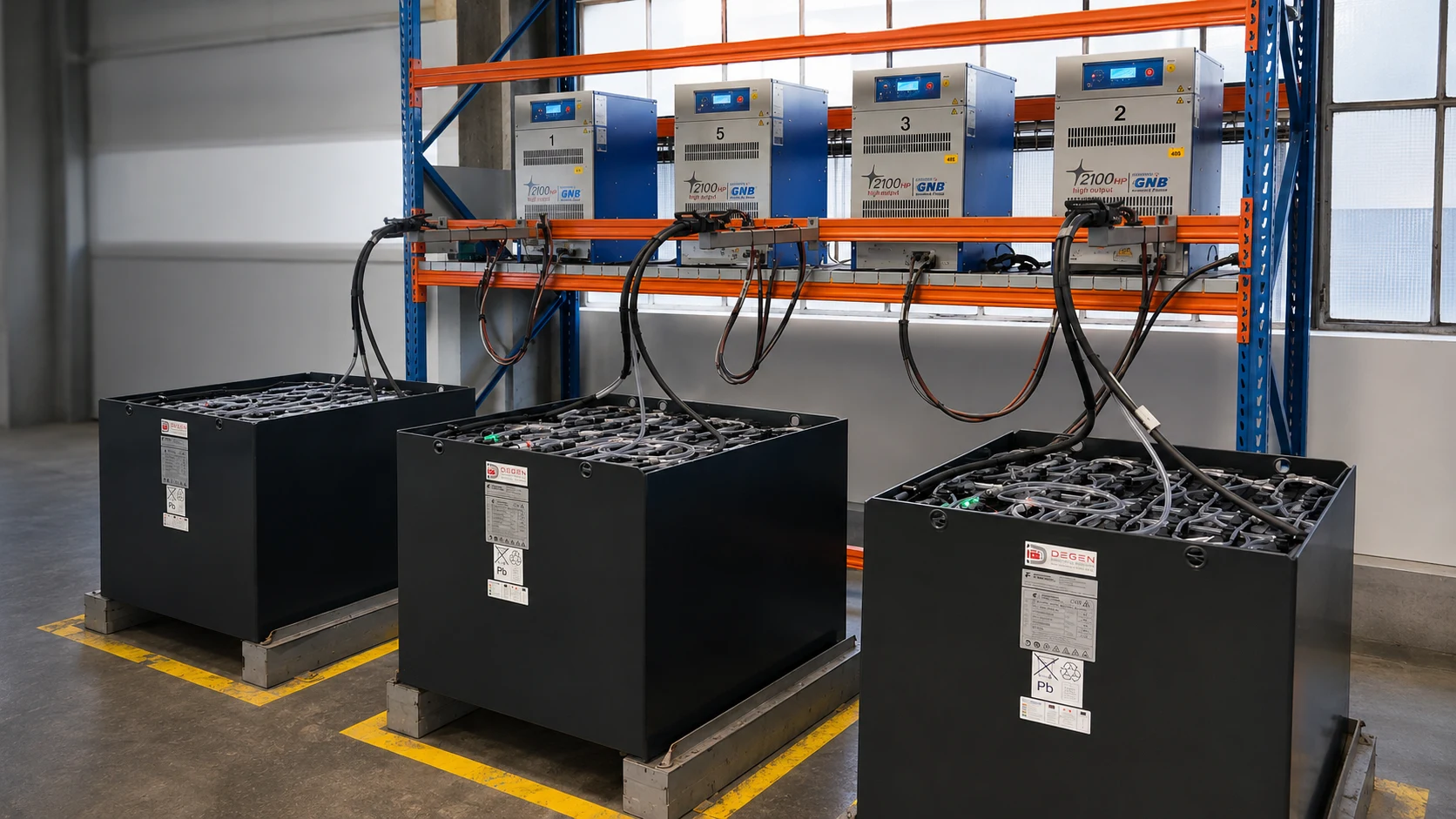 Staplerbatterien an einer Ladestation