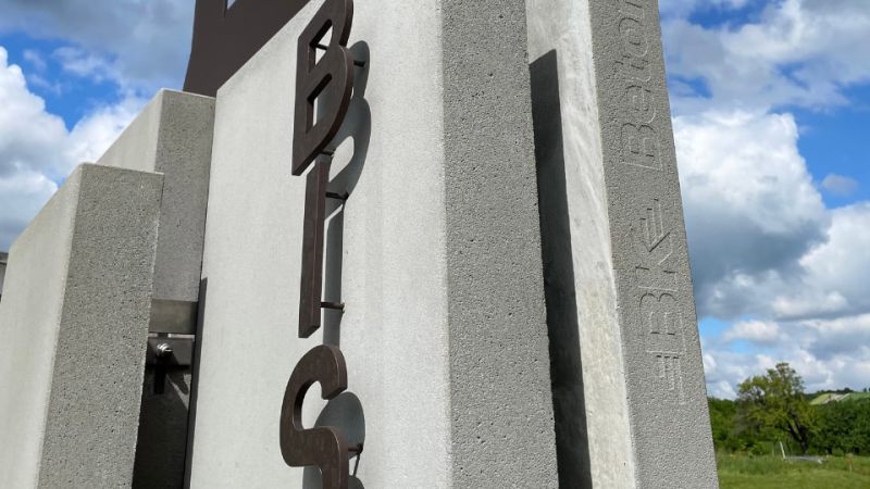 Concrete steles at town entrance
