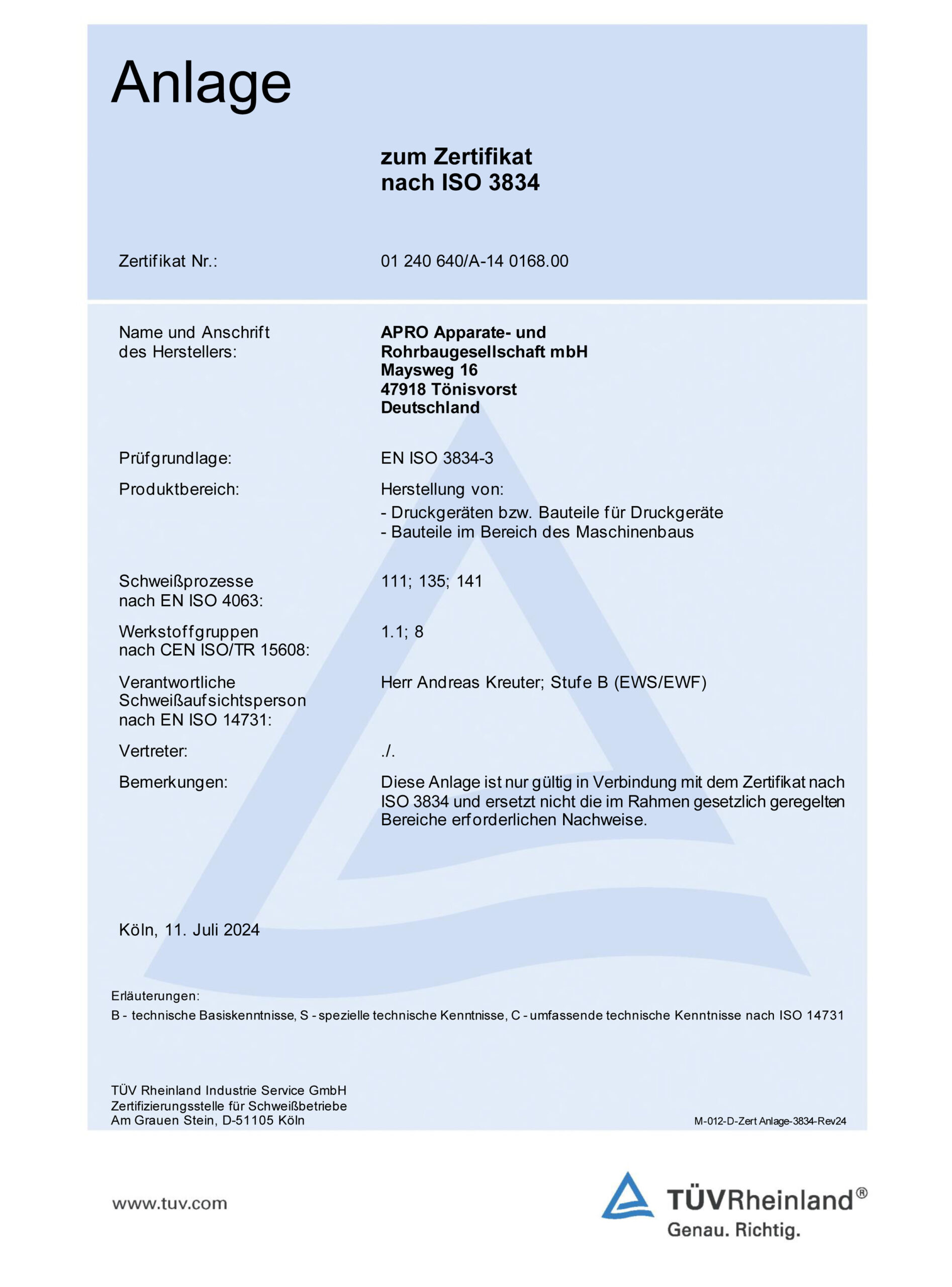 Zertifikat DIN EN ISO 3834-3, Anlage 3