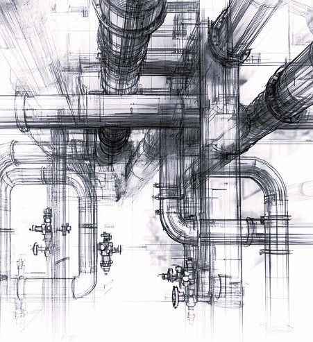 Technische Zeichnung von Rohrleitungen und Ventilen