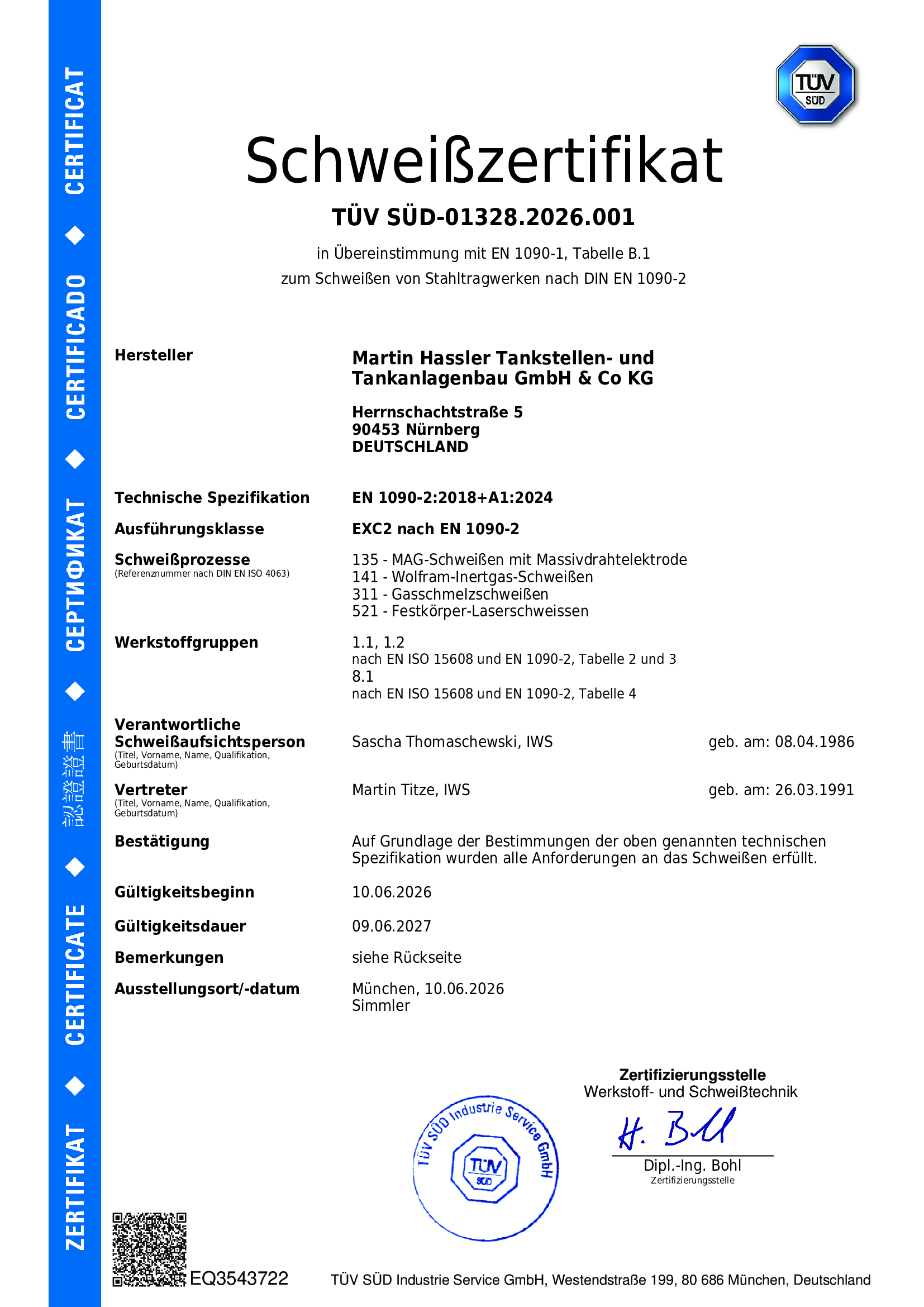 Zertifikat EN 1090-2 Schweißen
