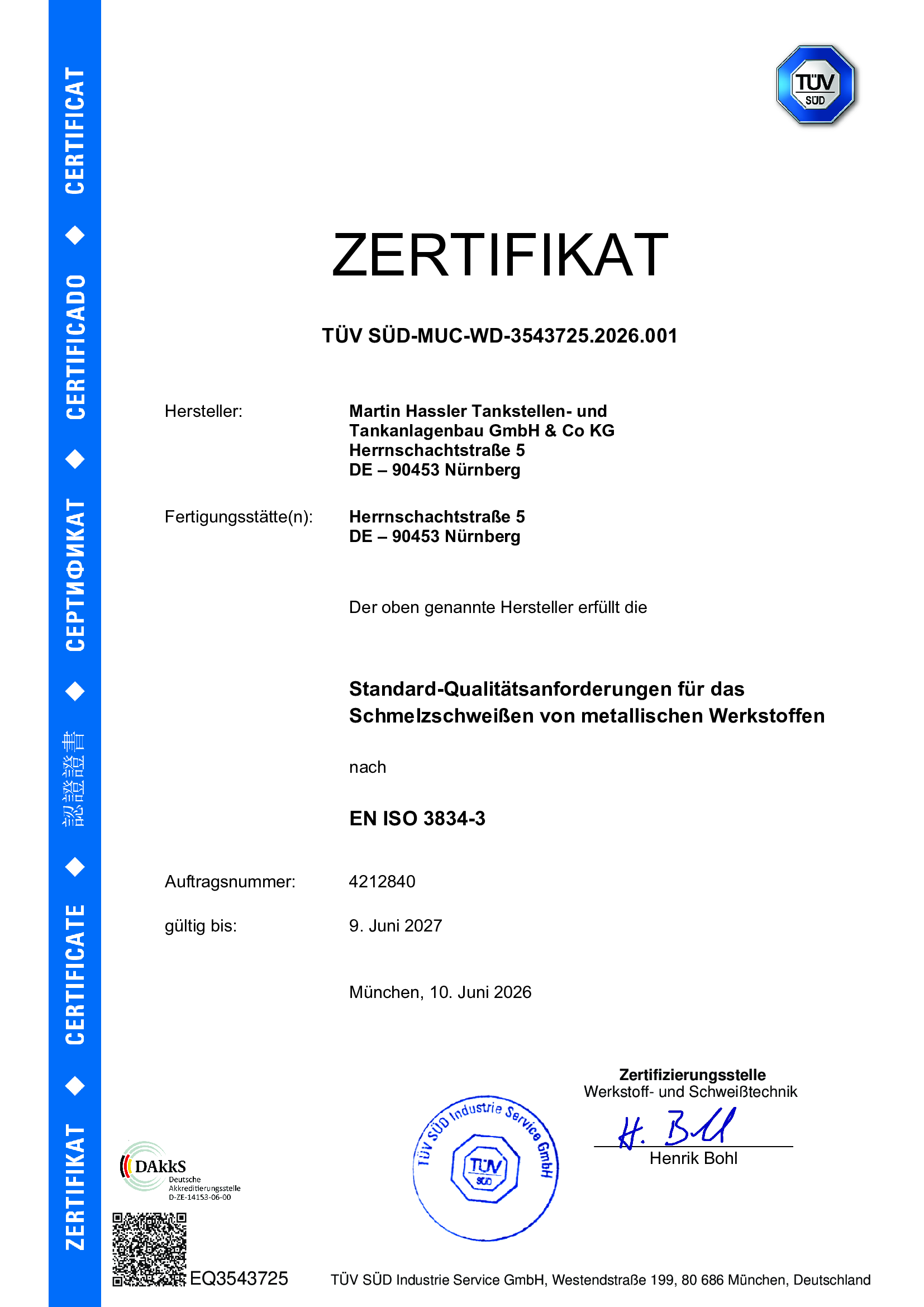 Zertifikat EN ISO 3834-3 Schmelzschweißen