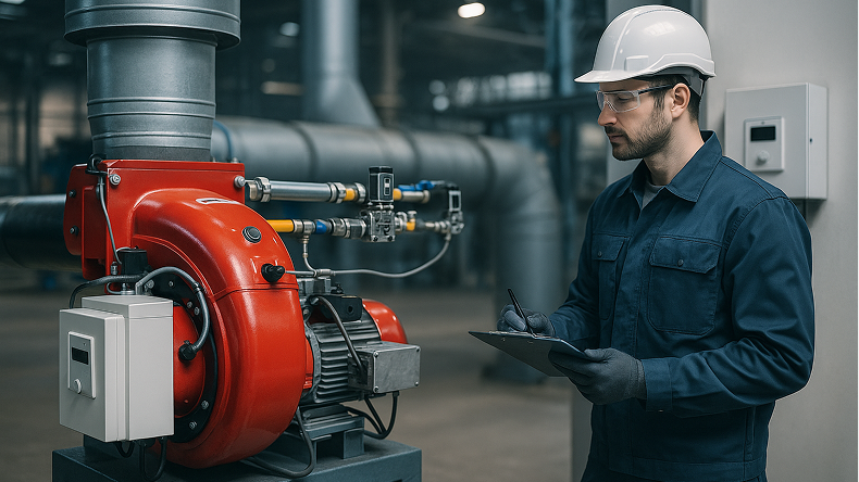 Techniker inspiziert Brennersystem im Werk