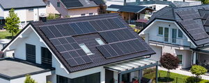 Residential area with photovoltaic systems on the roofs
