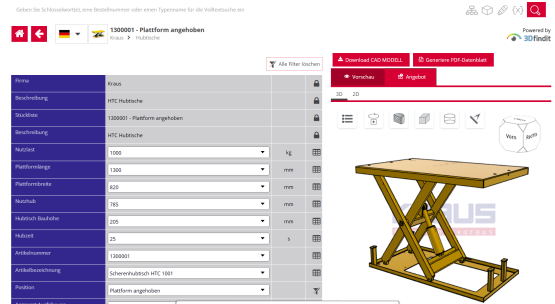 Hubtisch-Konfigurator mit CAD-Daten