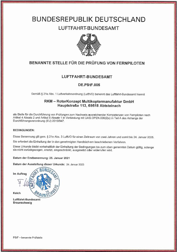 Certificate of the named examination body of the Luftfahrt-Bundesamt
