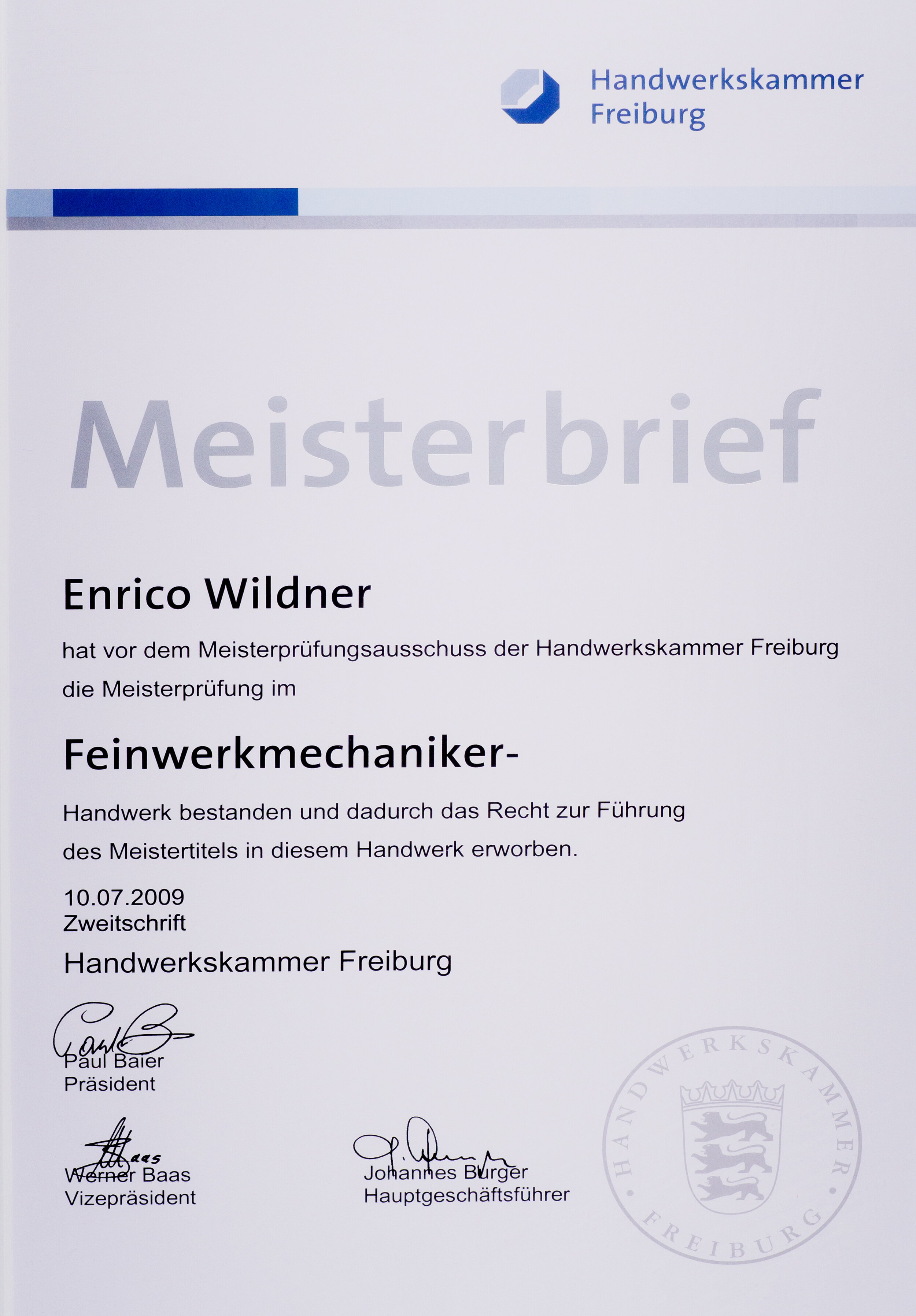 Kammersieger-Auszeichnung der Handwerkskammer Freiburg