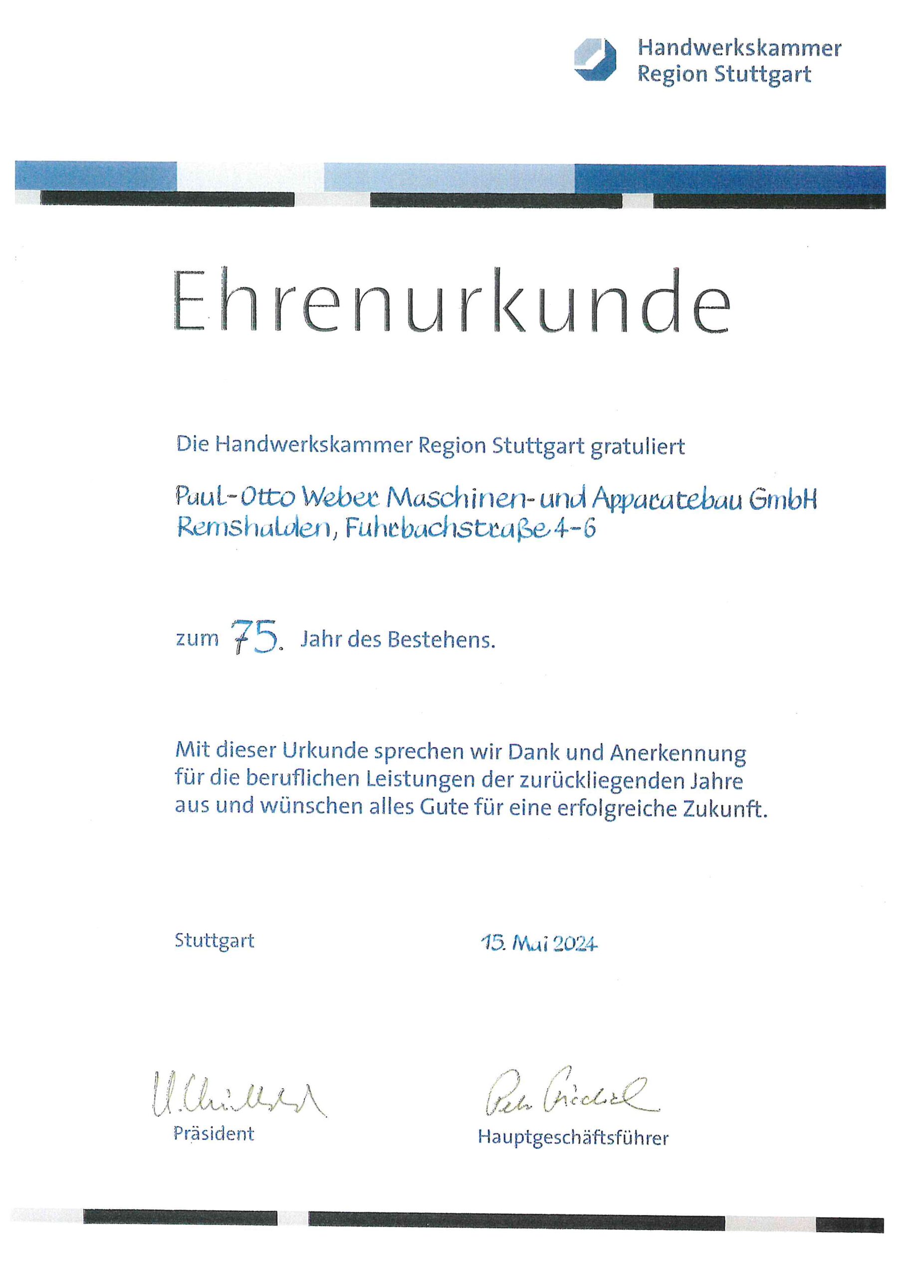 Ehrenurkunde 75 Jahre