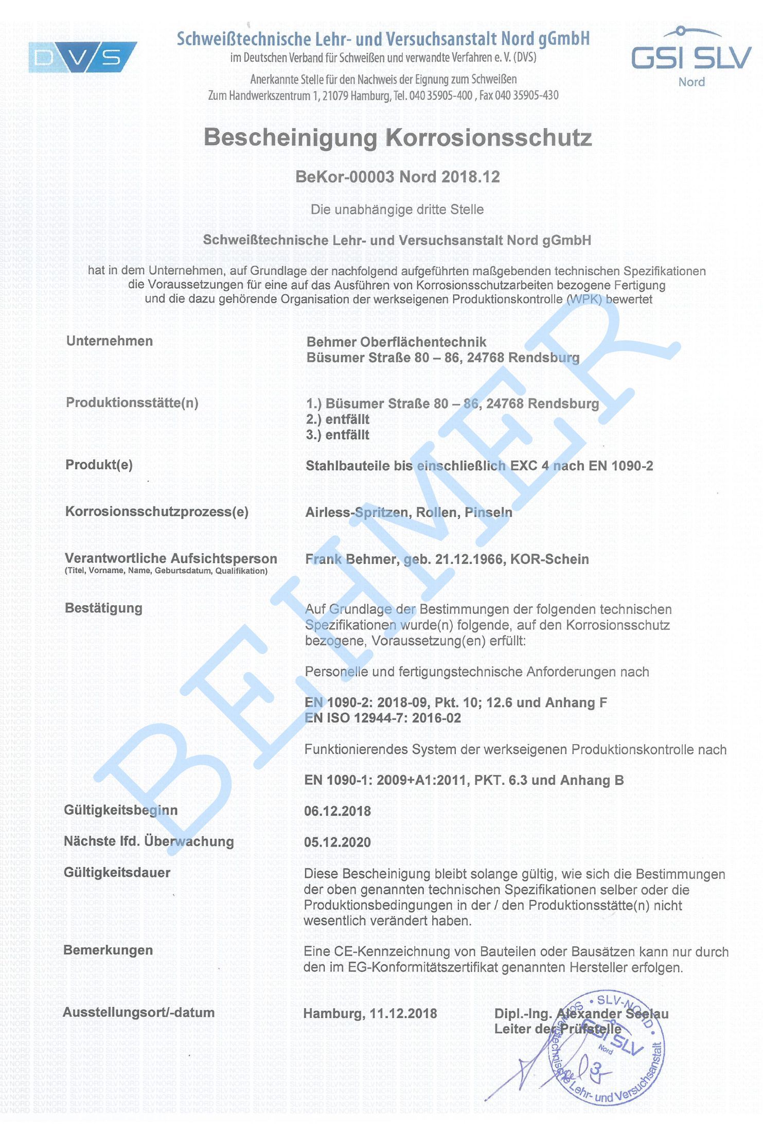 Zertifikat DIN EN 1090 (Zertifizierer: GSI SLV Nord Hamburg)