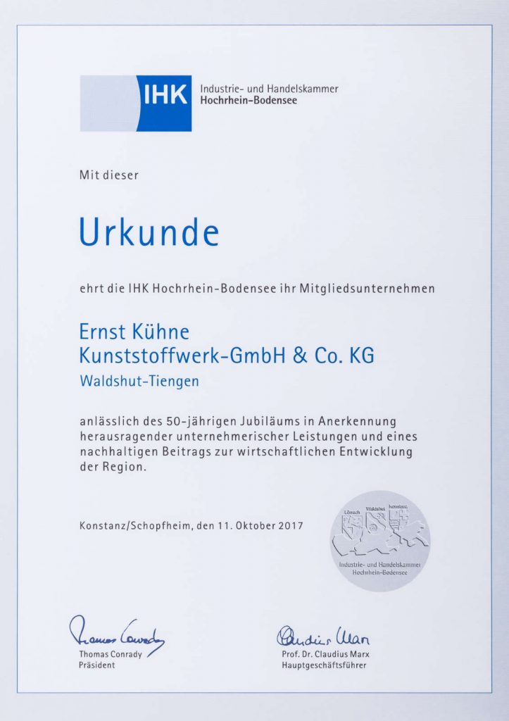 Urkunde 50 Jahre Ernst Kühne Kunststoffwerk
