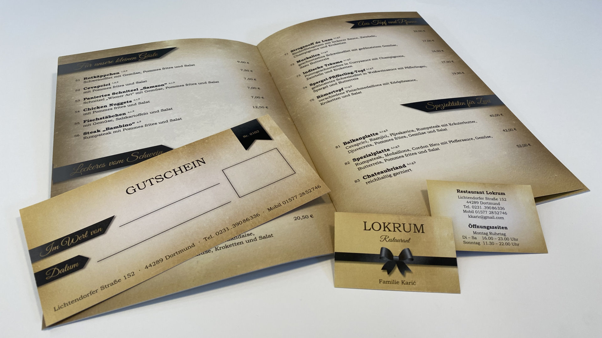 Speisekarten, Gutscheine, Visitenkarten