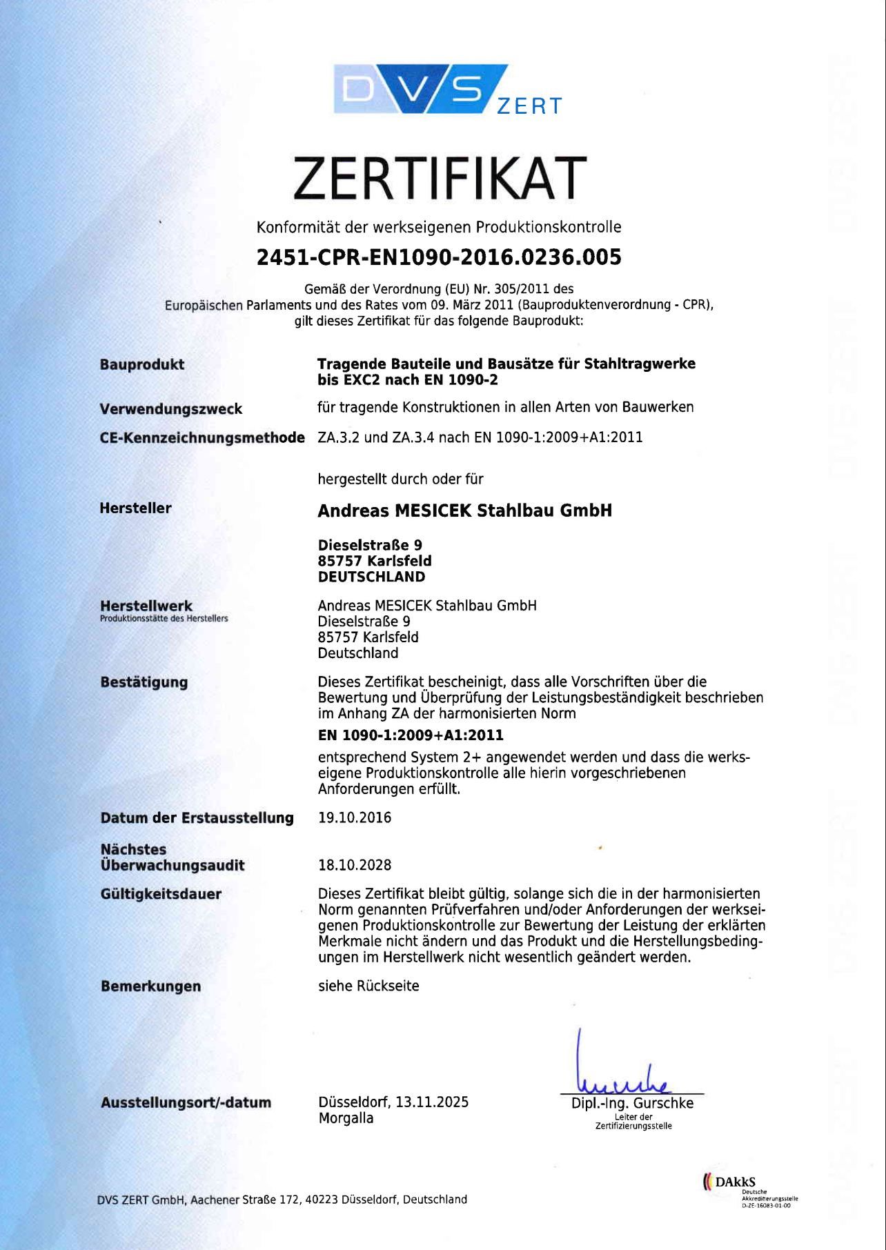 DVS Zertifikat EN 1090-1 (Vorschau)