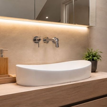 Waschtisch mit Aufsatzwaschbecken in modernem Badezimmer