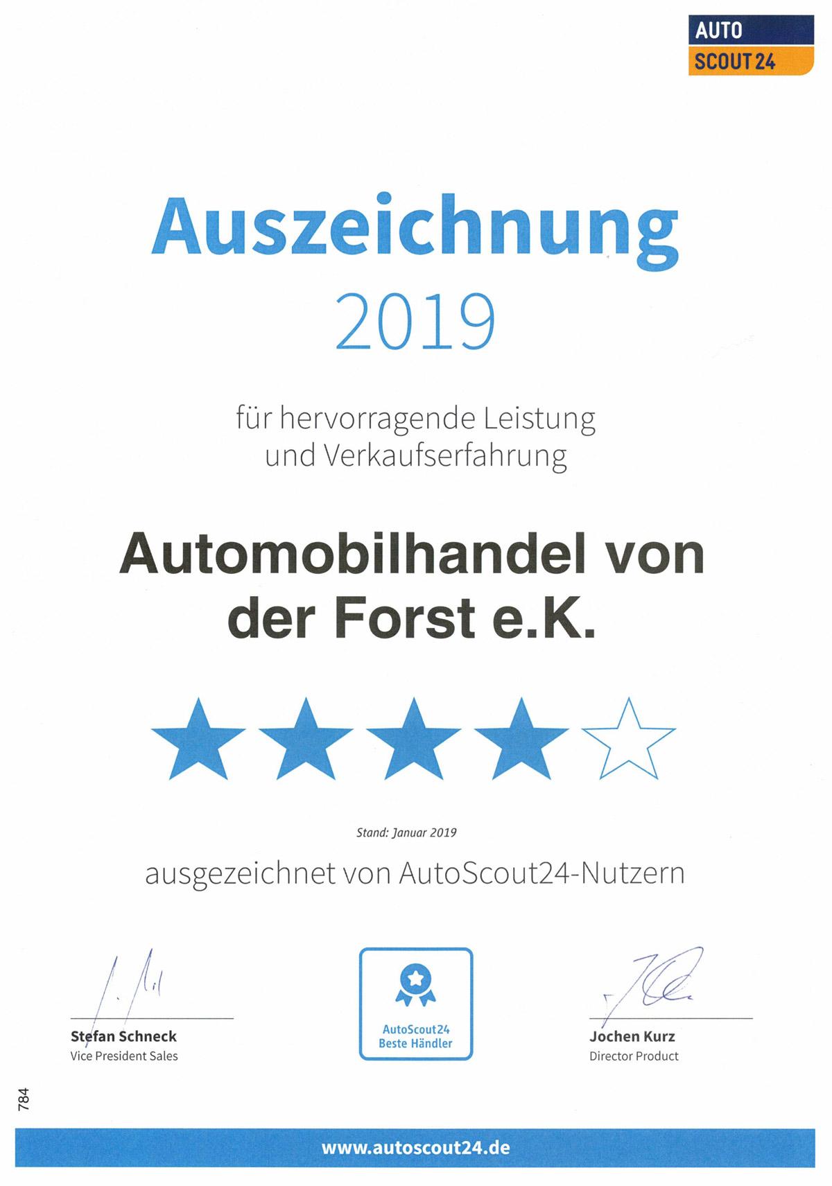 Auszeichnung 2019 für hervorragende Leistung und Verkaufserfahrung