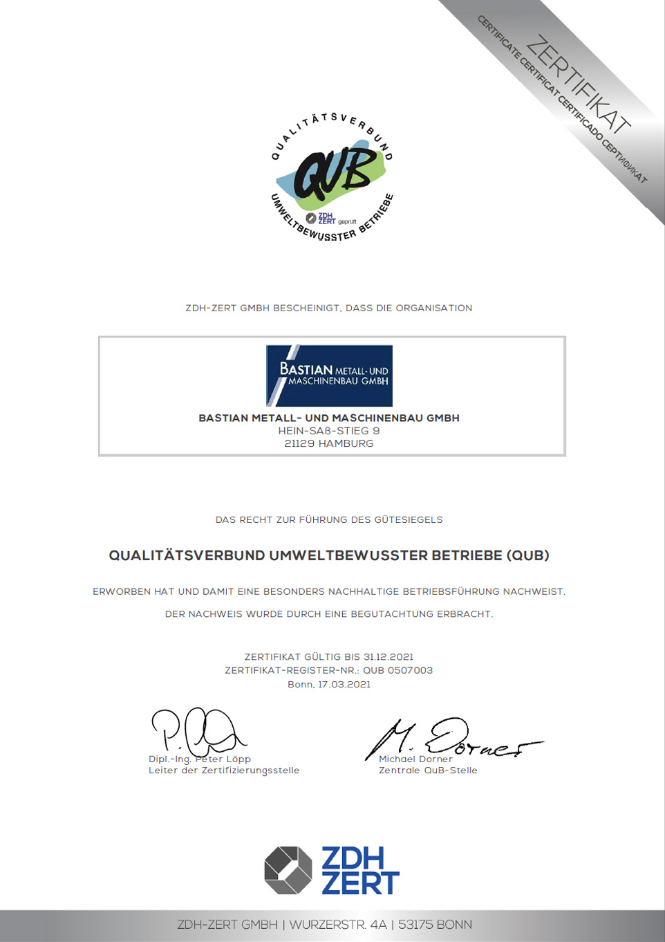 Zertifikat QuB