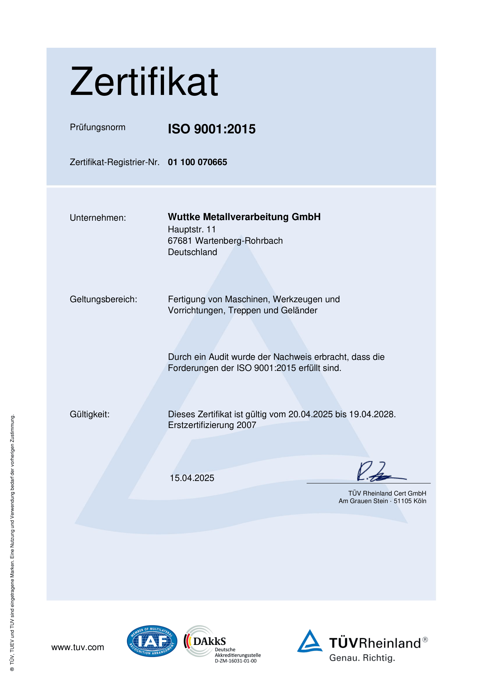 ISO 9001:2015 Zertifikat (2025)