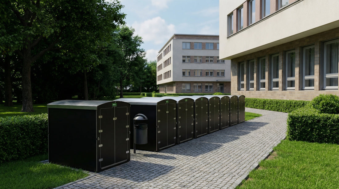 Abstellboxen vor einem Gebäude mit Grünanlage