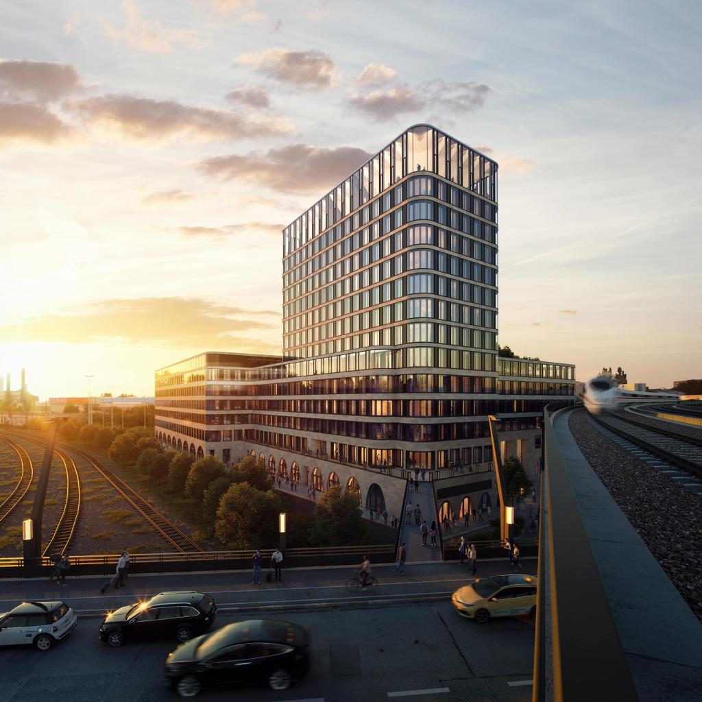 Port One Berlin – elementierte Fensterbandfassade, Natursteinfassade