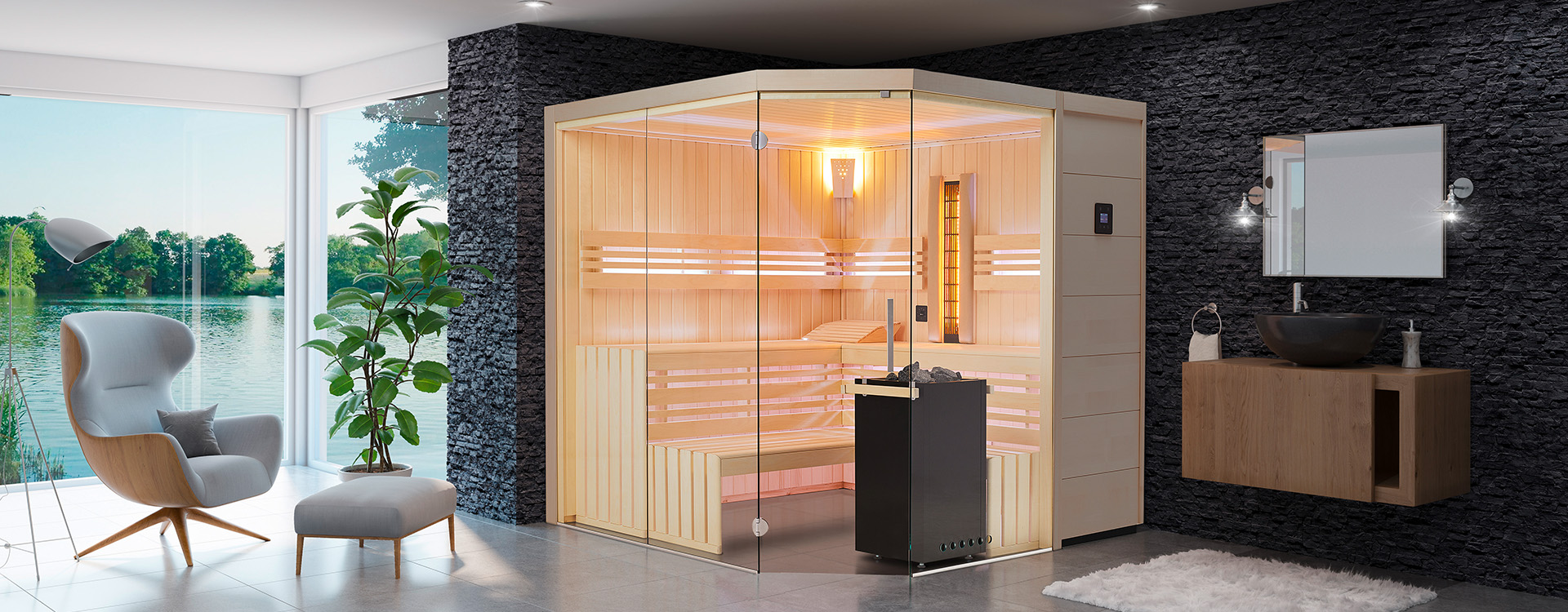 Sauna an einer Glasfront