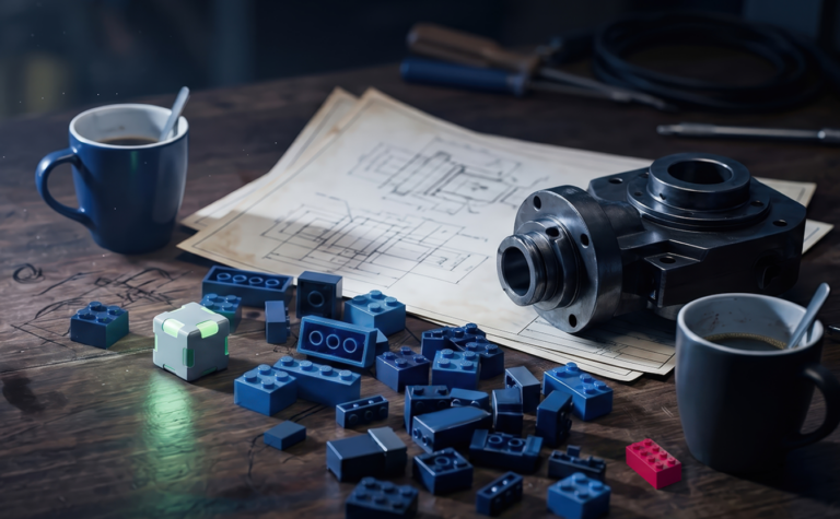 Werkstatttisch mit technischen Zeichnungen und Bauteil