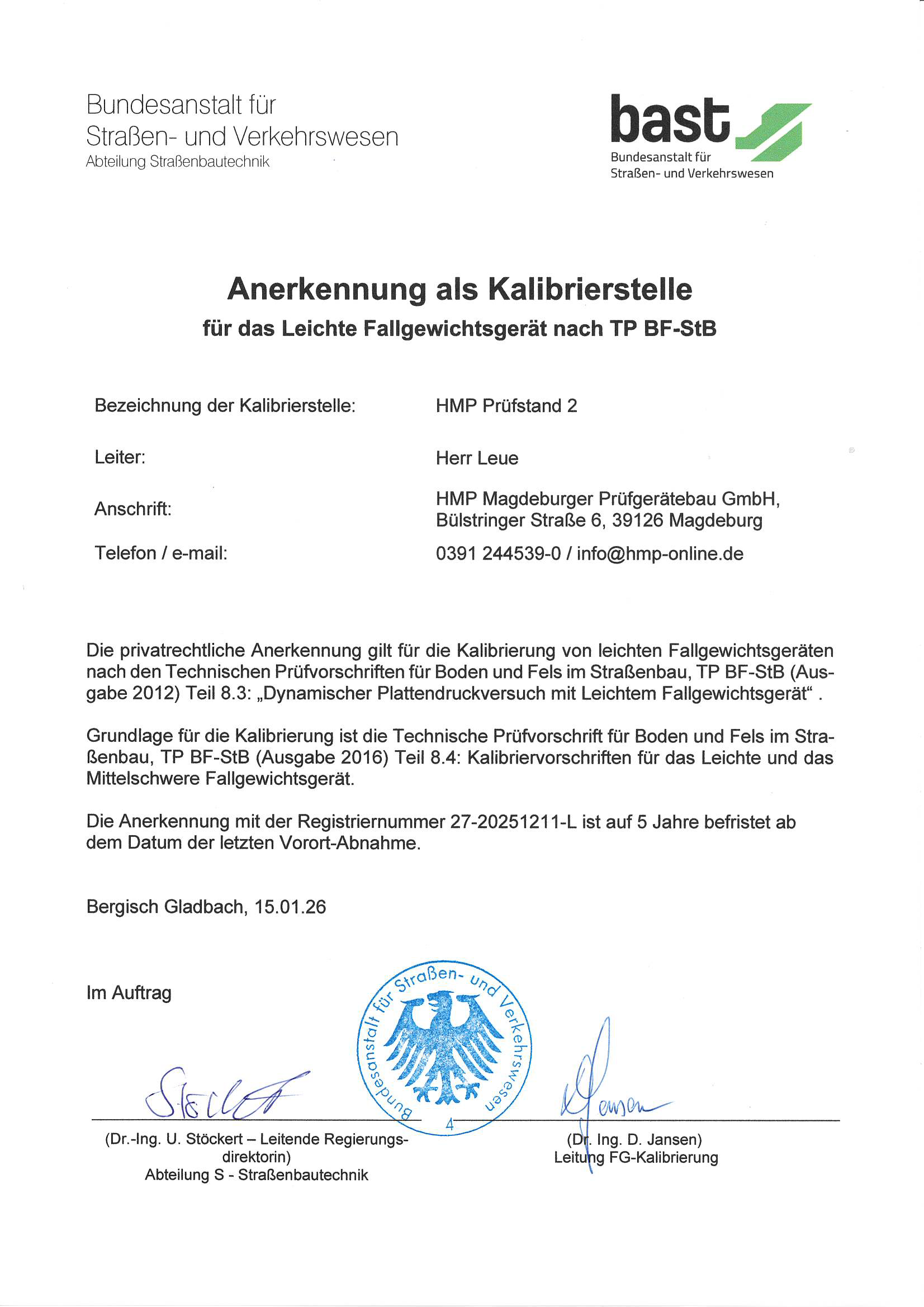 BASt-zugelassener Kalibrierstand 2 (2026–2030)