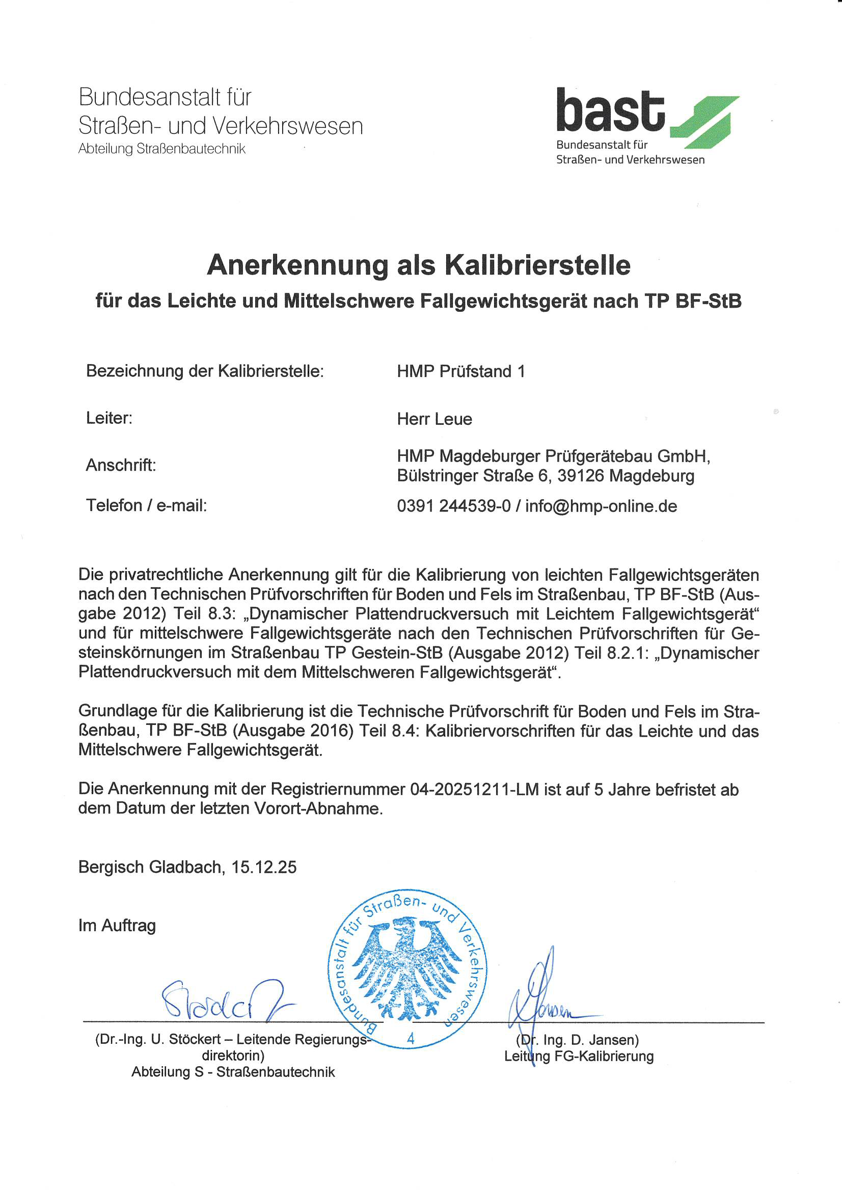 BASt-zugelassener Kalibrierstand 1 (2026–2030)