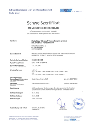Schweißzertifikat nach EN 1090
