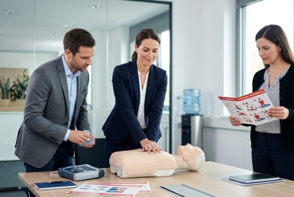 Wiederbelebungstraining mit Defibrillator im Büro