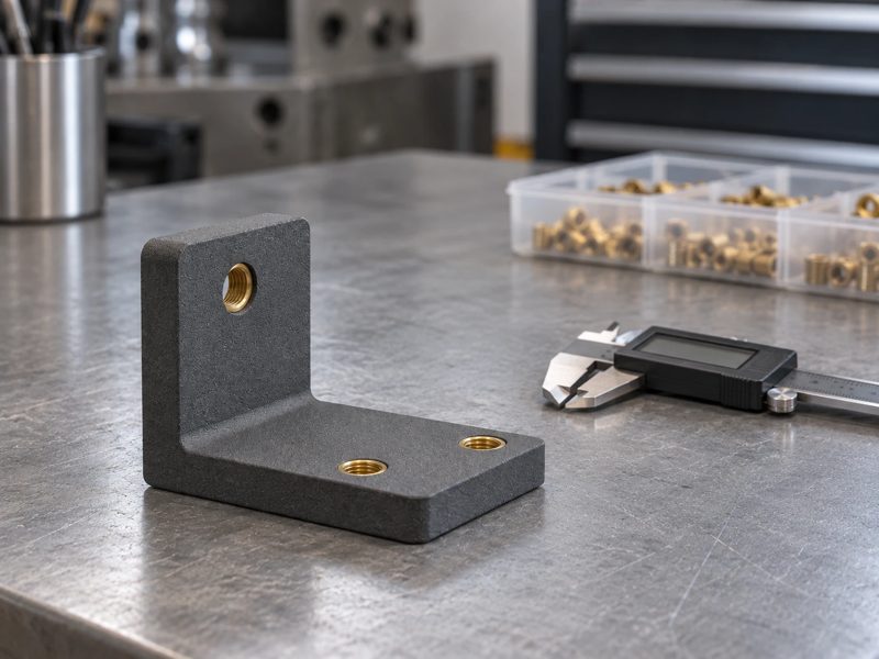 Fertiges Bauteil mit Gewindeeinsätzen und Messschieber