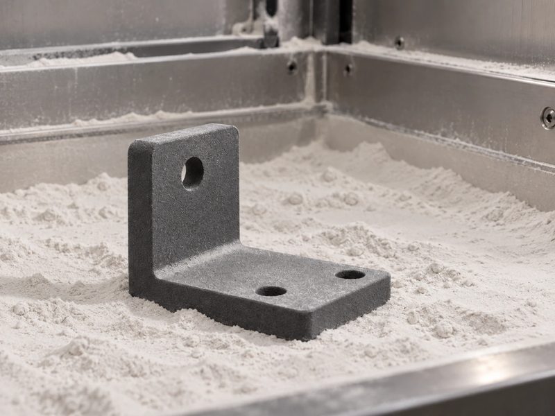 Gedrucktes Bauteil im Pulverbett nach dem SLS-Druck