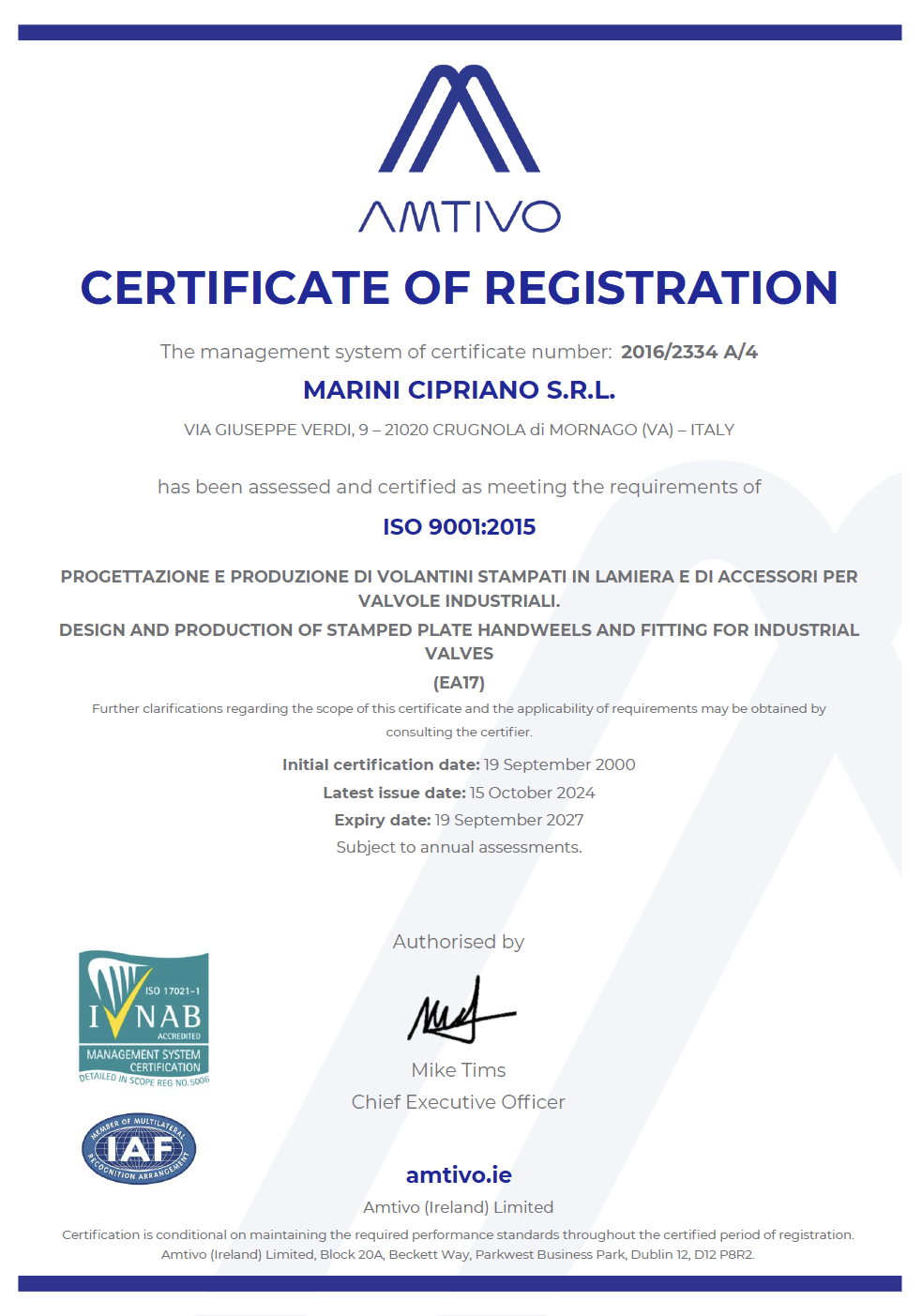 ISO 9001-Zertifizierung Marini Cipriano