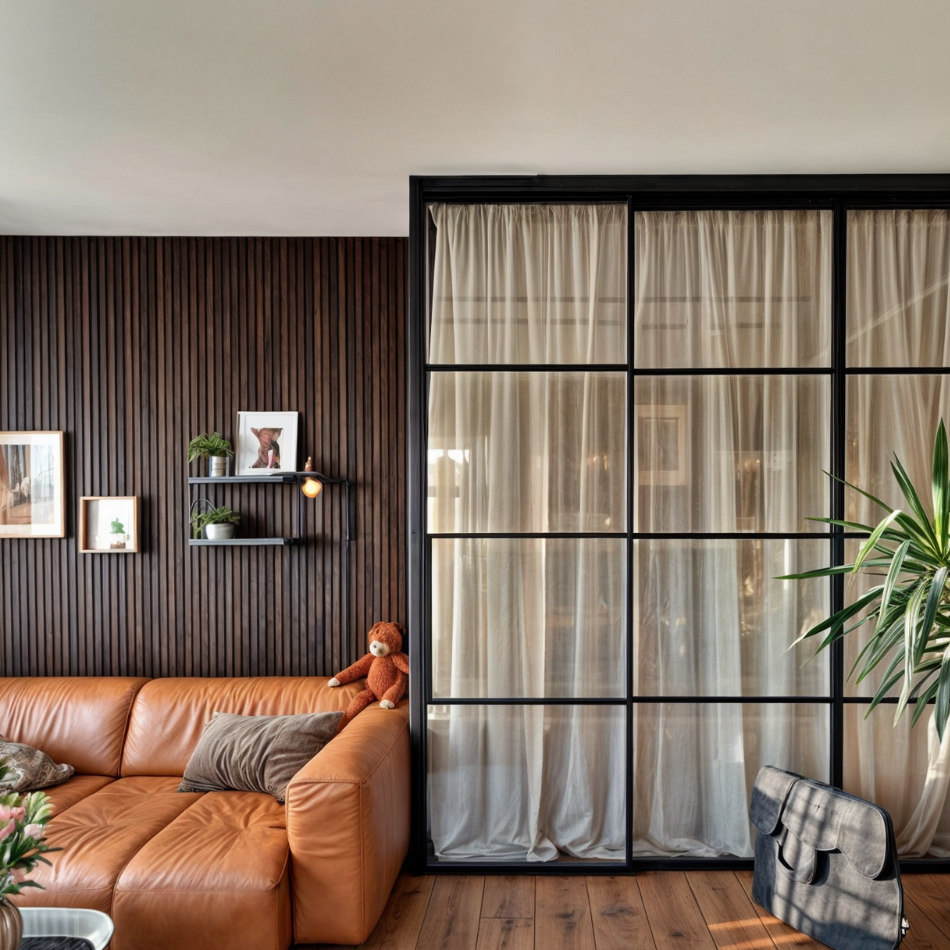 Lofttür in industriell eingerichtetem Wohnzimmer