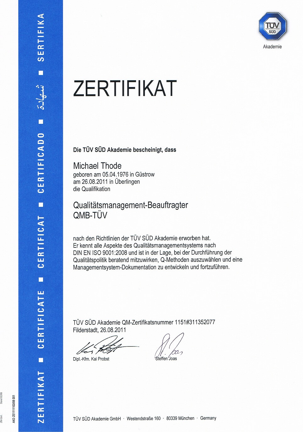 Qualifikationsnachweis Qualitätsmanagement Beauftragter