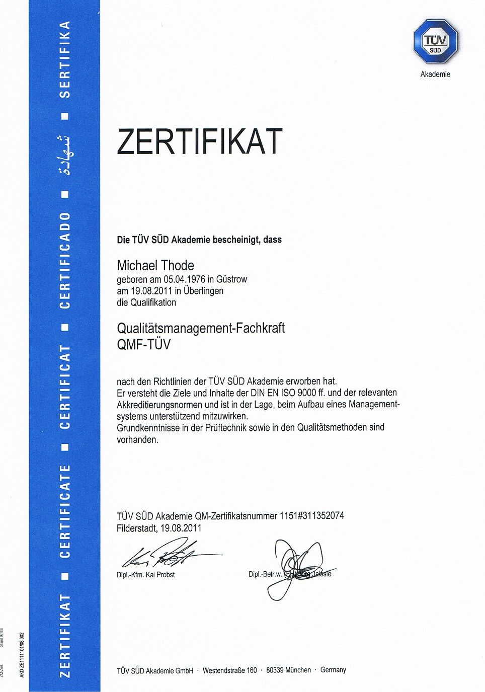 Qualifikationsnachweis Qualitätsmanagement Fachkraft