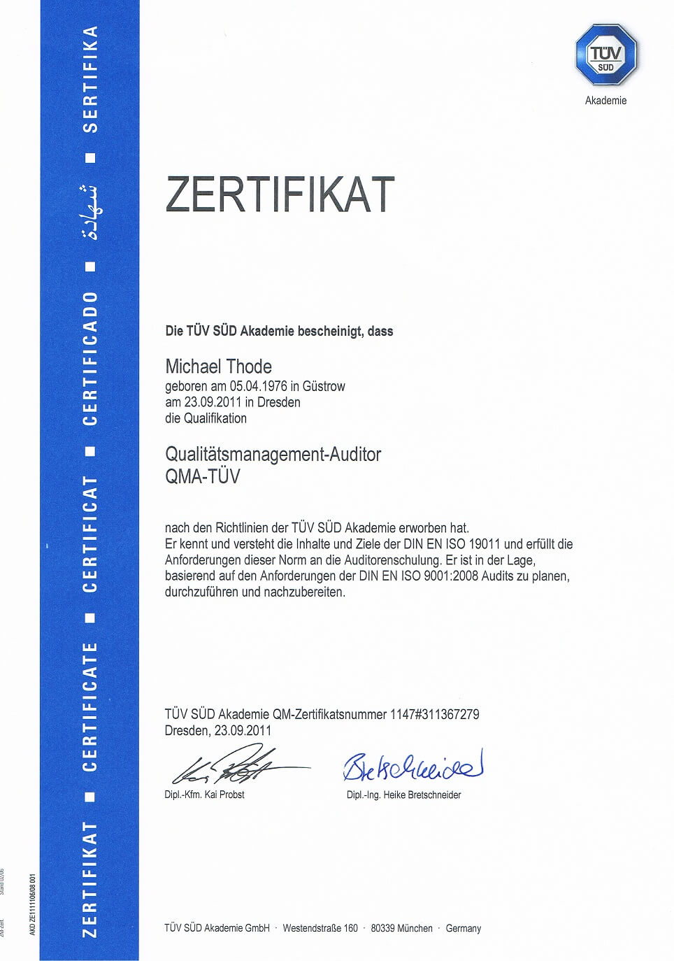 Qualifikationsnachweis Qualitätsmanagement Auditor