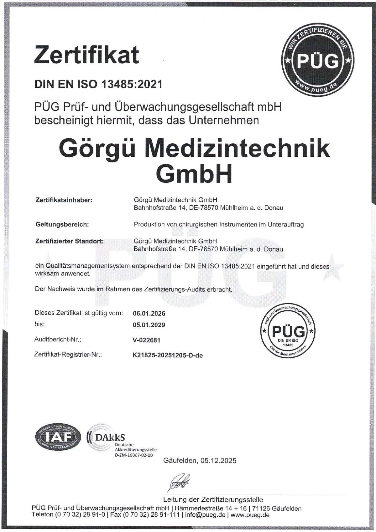 Zertifikat DIN EN ISO 13485:2021