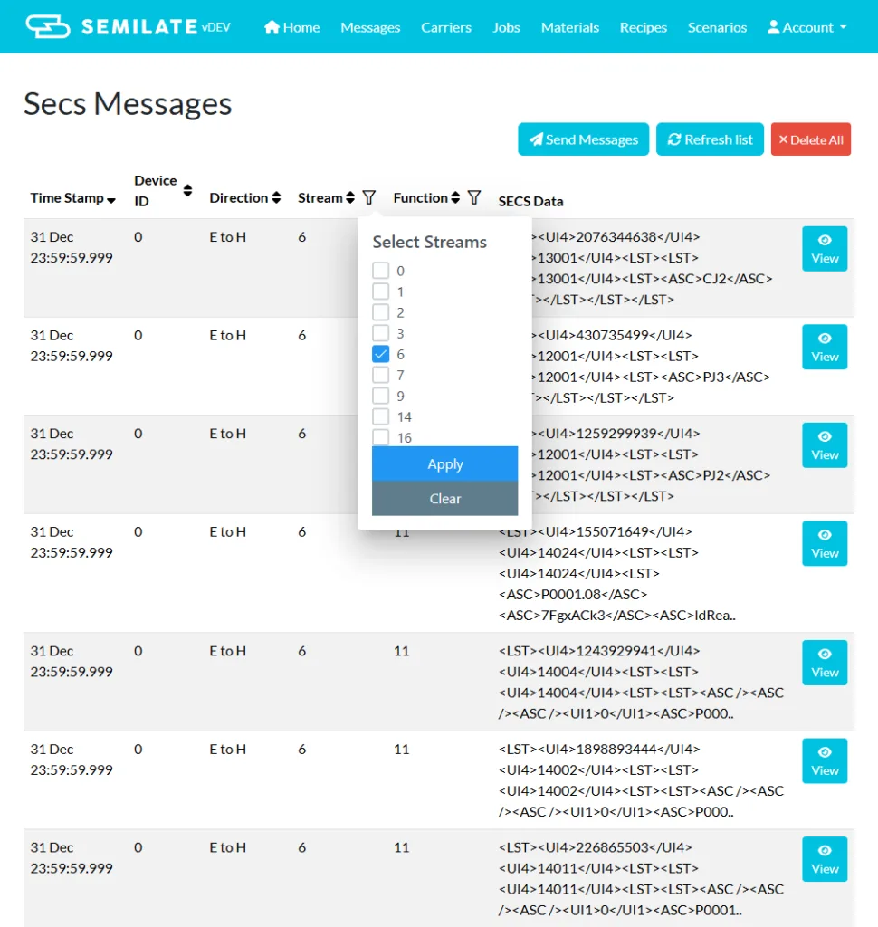 SECS-Message-Log mit Filteroptionen