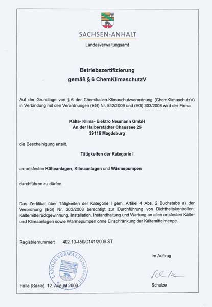 Betriebszertifizierung gemäß § 6 ChemKlimaschutzV