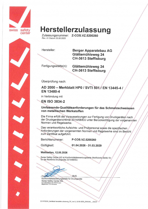 Zulassung nach Druckgeräterichtlinie 2014/68/EU
