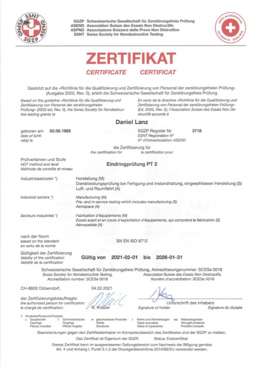 Zertifikat Farbeindringprüfung PT2