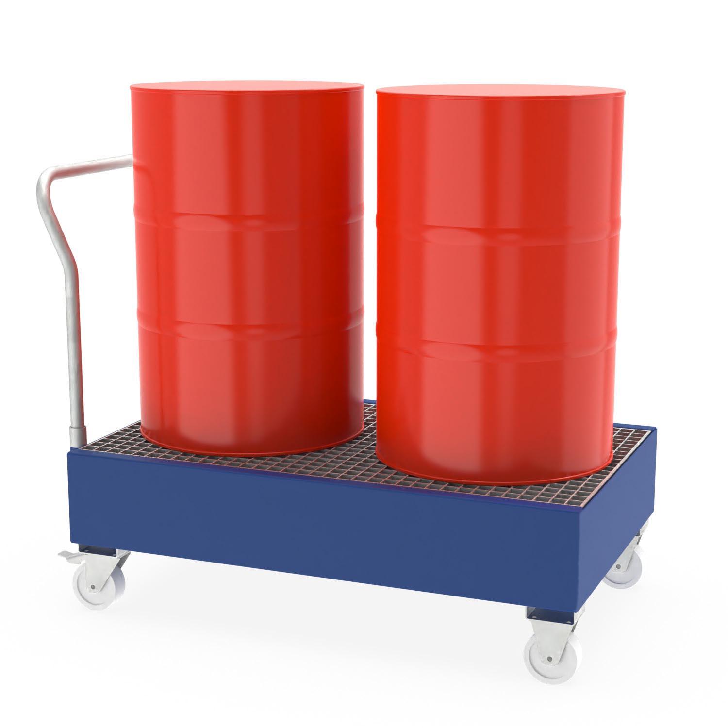 Mobile steel spill containment tray for 2 × 200 l drums